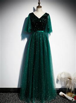 Picture of Green V-neckline Shiny Tulle Long Wedding Party Dress, Green Formal Dress